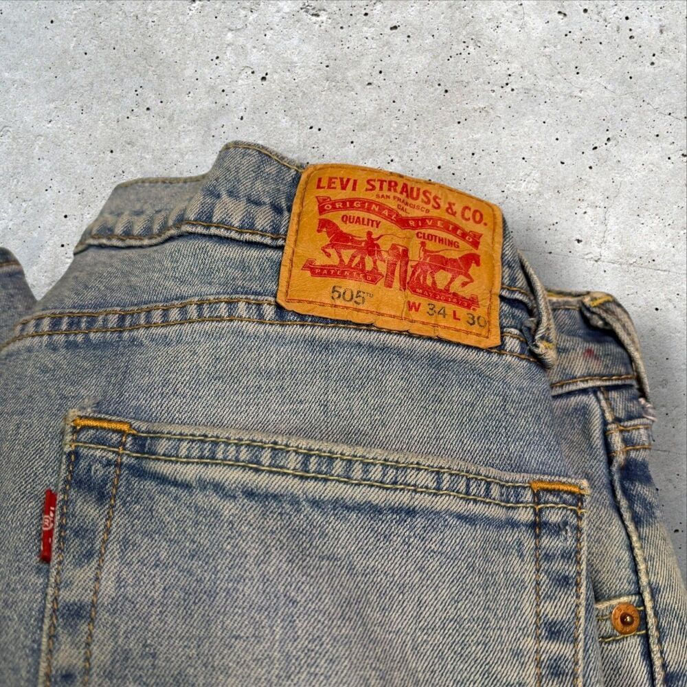 Custom Levi’s 505 Rainbow Jeans 34x30 Hand Sewn Applique Clouds - Picture 4 of 12